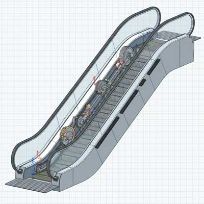 نمای برش‌خورده جامع از اجزای داخلی پله برقی، شامل زنجیر، پله‌ها، دستگیره، صفحات شانه و سیستم محرک برای درک قطعات مصرفی.