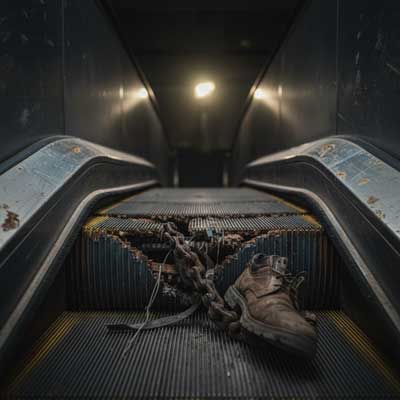 نمای نزدیک از پله برقی آسیب‌دیده و زنگ‌زده، با زنجیرهای فرسوده و شکسته، نمادی از خطرات و هزینه‌های ناشی از غفلت در نگهداری.