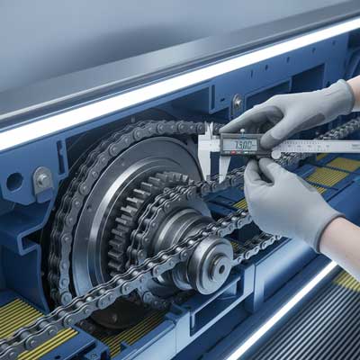 نمای نزدیک از قطعات داخلی پله برقی که توسط یک تکنسین در حال بازرسی است.