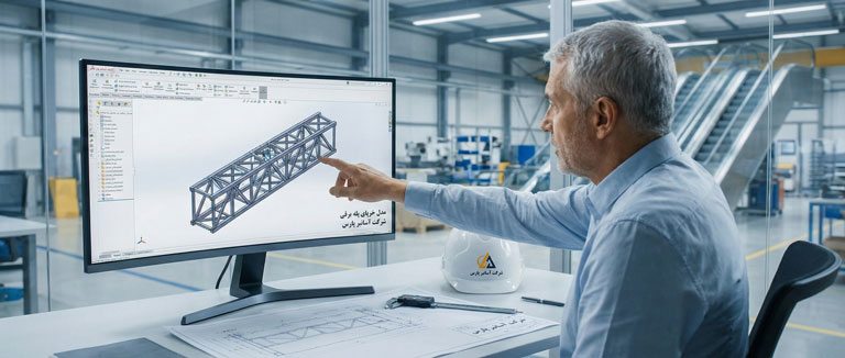 مهندسان در حال طراحی نقشه فنی و سهبعدی برای ساخت پله برقی در واحد مهندسی.