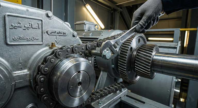 سیستم موتور گیربکس و زنجیر درایو اصلی در مراحل ساخت پله برقی.