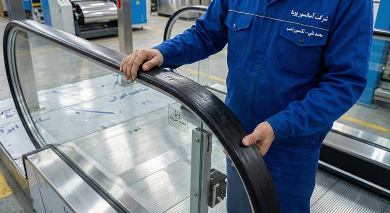 نصب دستگیره (هندریل) و پنلهای شیشهای در مراحل پایانی ساخت پله برقی.