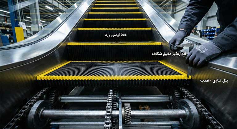 نصب استپهای پله برقی و تنظیم دقیق فاصله ایمنی (Gap) در خط مونتاژ.