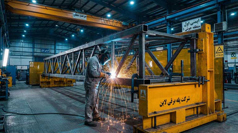 جوشکاری و ساخت سازه فلزی (Truss) در خط تولید کارخانه پله برقی لاین.