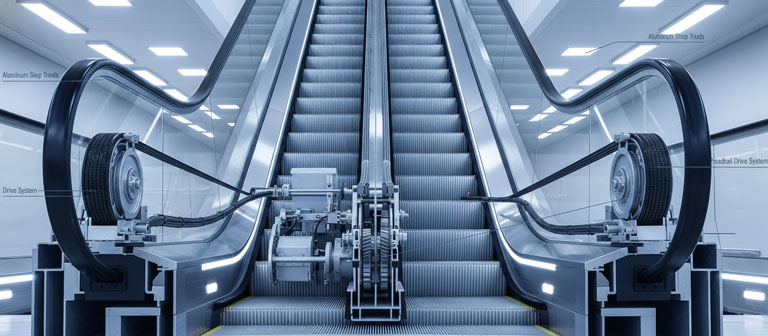 نمای مقطعی از پله برقی با جزئیات سازه و متریال‌های اصلی