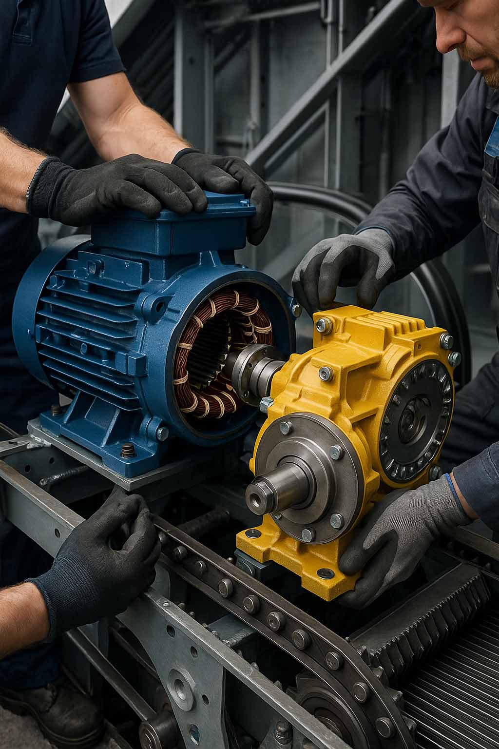 عکس نمای نزدیک از اجزای موتور و گیربکس در حال نصب