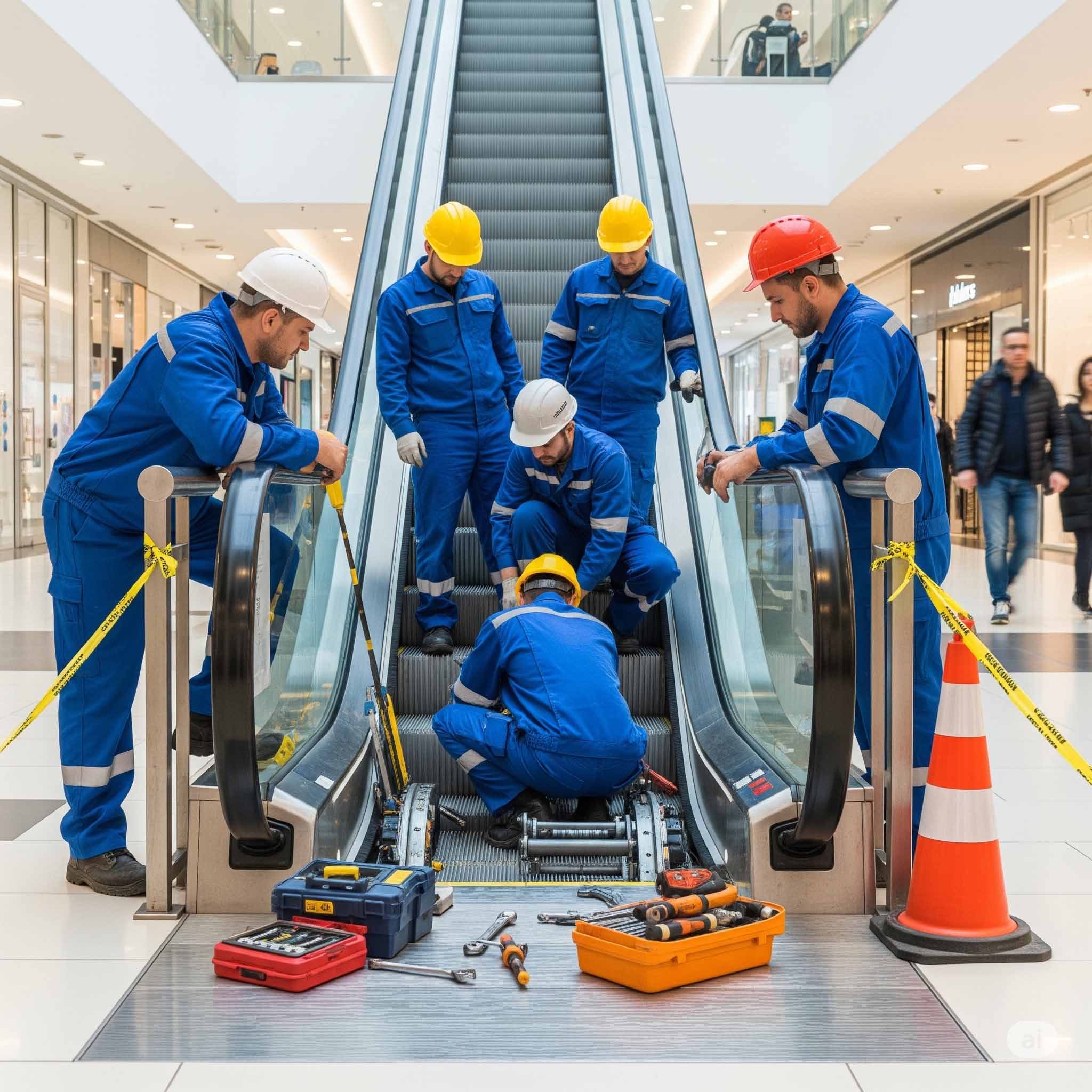 تعمیرکاران در حال تعمیر پله برقی، بررسی و سرویس قطعات مکانیکی، تعمیرات تخصصی پله برقی در محل
