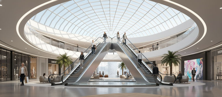 نمای داخلی مرکز خرید با دو پله برقی یک‌طرفه و دوطرفه در حال کار.