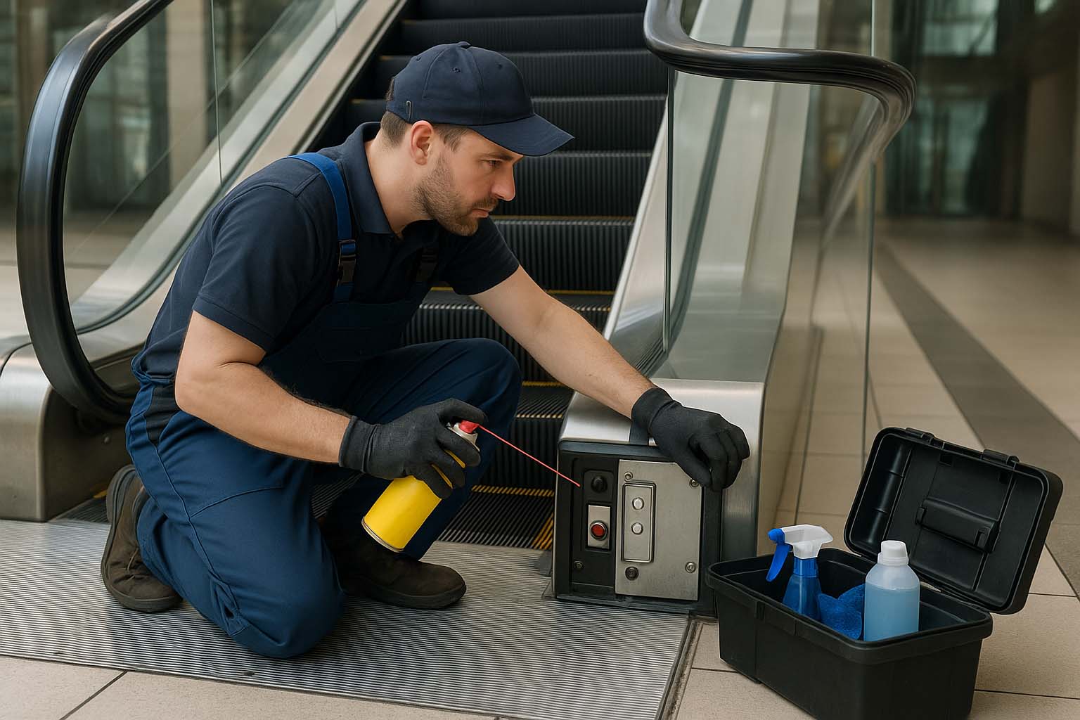 سرویس دوره‌ای پله برقی شامل روغن‌کاری، تست سنسورها و بررسی موتور