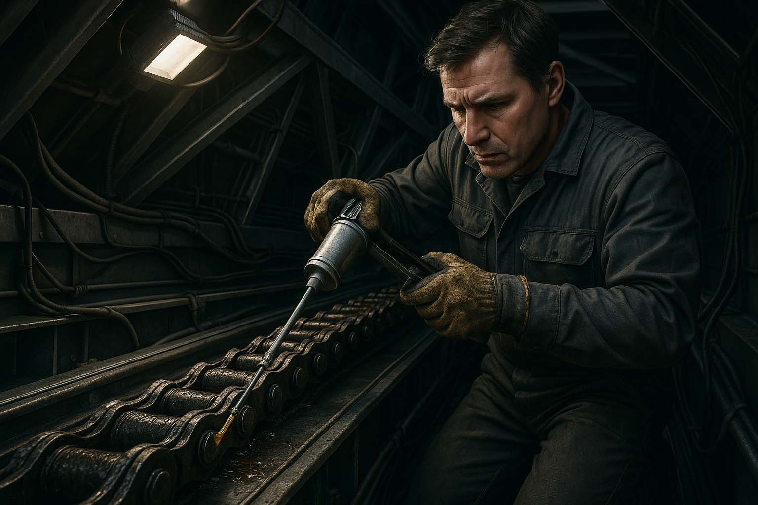 تکنسین در حال روغن‌کاری زنجیر پله برقی