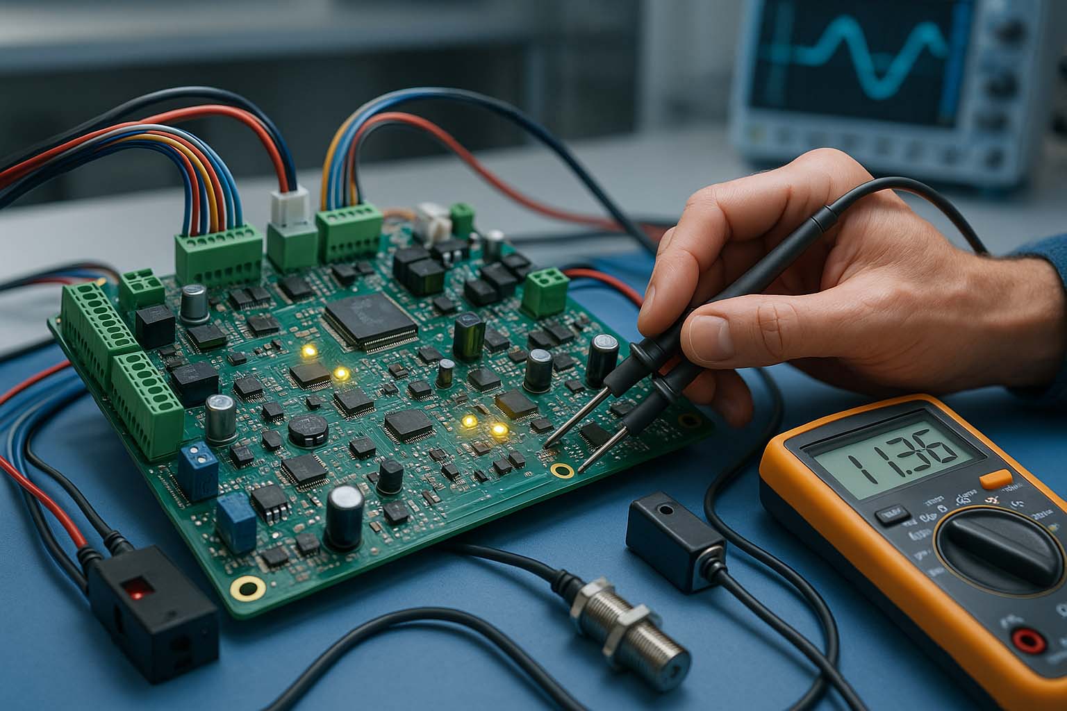 برد کنترل و سنسور پله برقی روی میز تعمیر