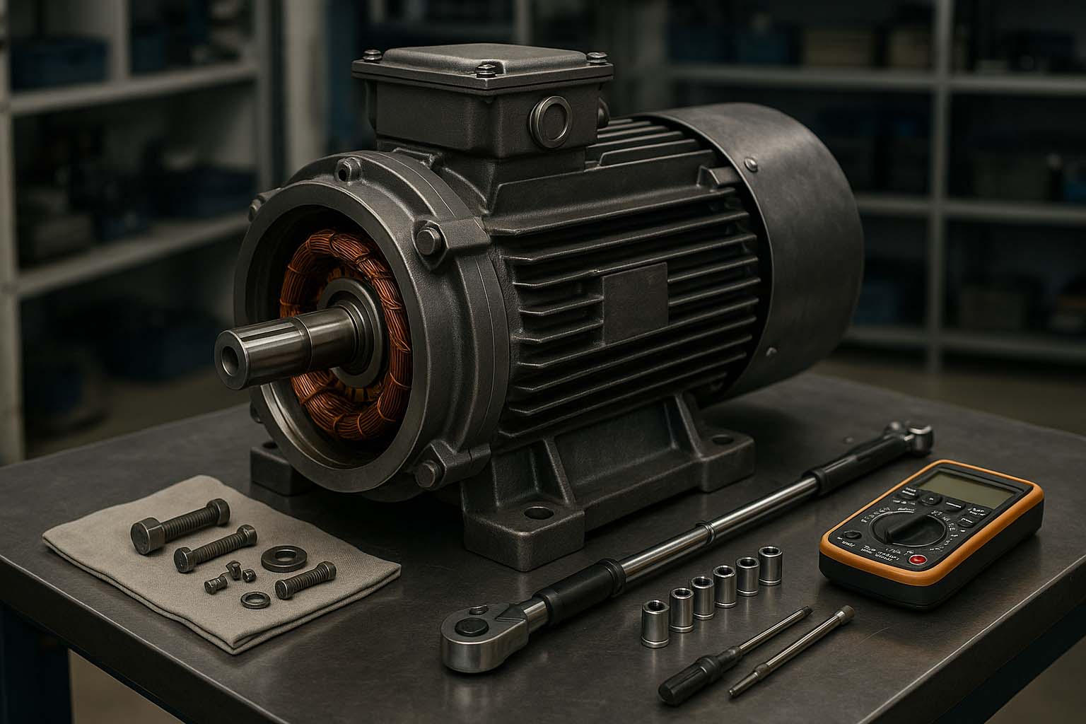 موتور پله برقی در حال تعمیر روی میز کار