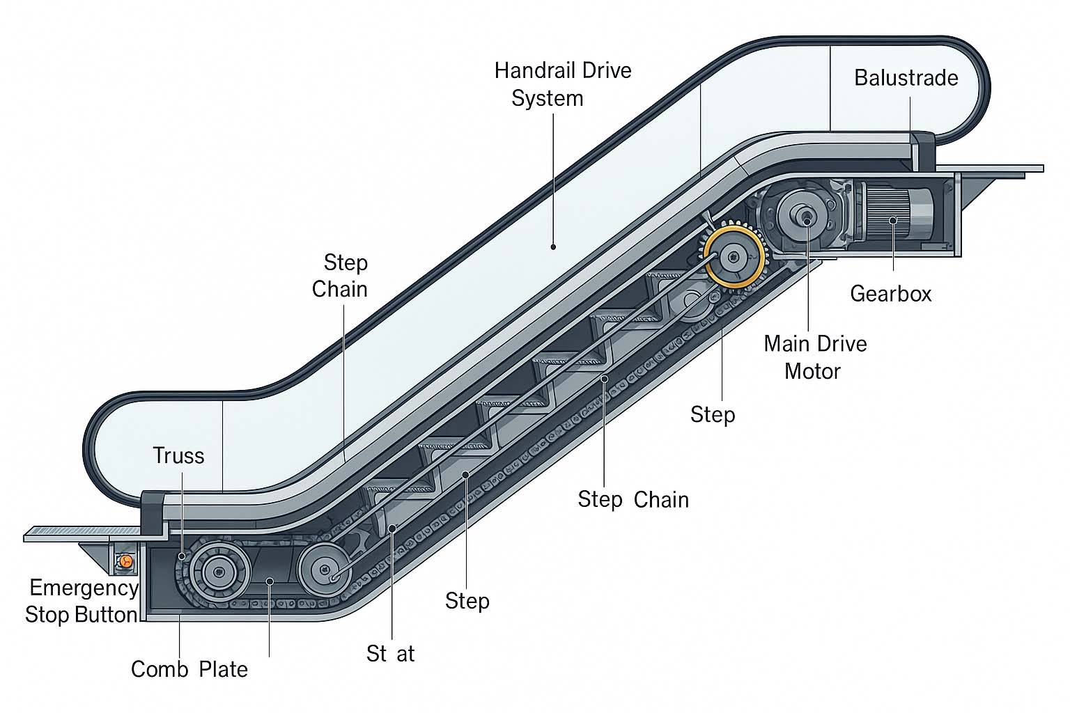 نمای شماتیک پله برقی با برچسب نام قطعات