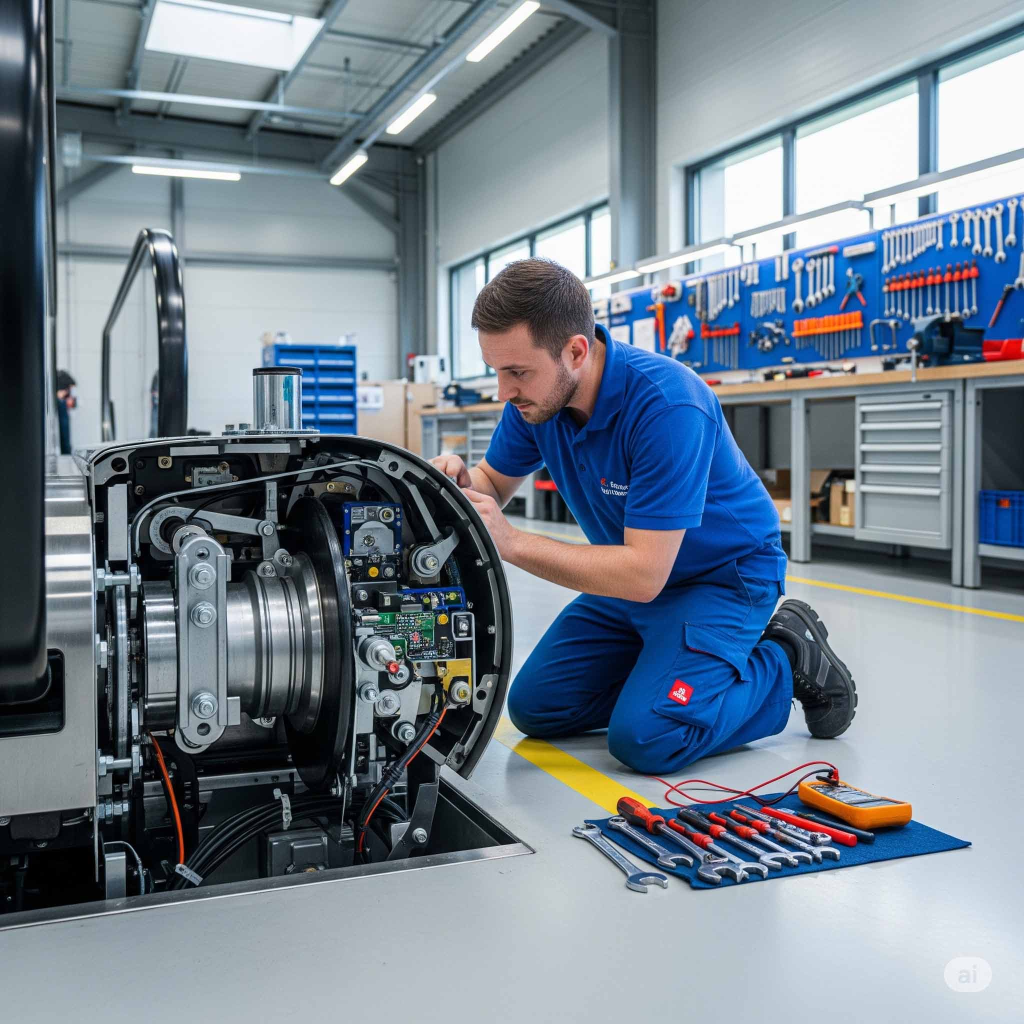 تکنسین در حال بررسی ترمز و سنسورهای ایمنی پله برقی