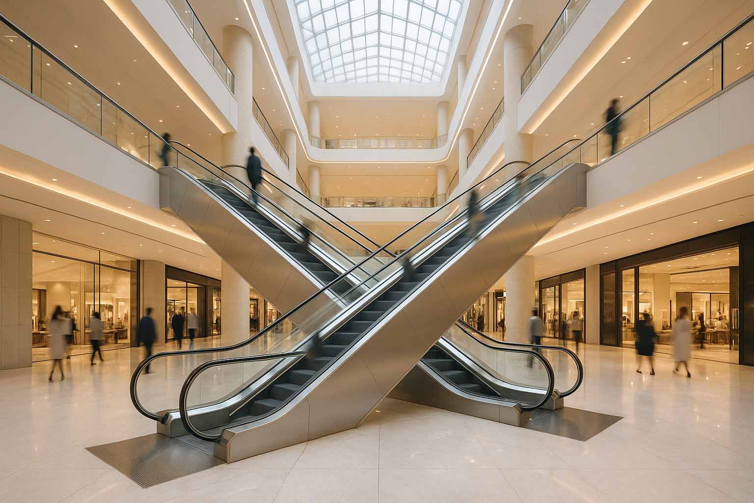 پله برقی استاندارد با طراحی مدرن در مرکز خرید