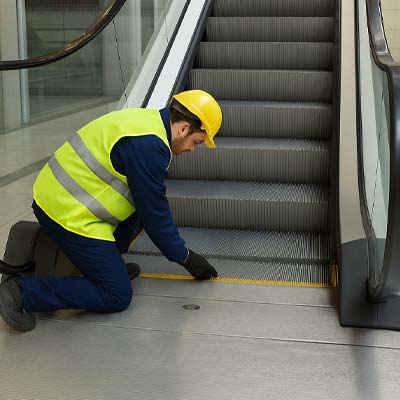 تصویر پله‌برقی در حال حرکت با تکنسین در حال بررسی