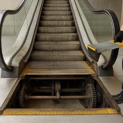 نمای پله برقی قدیمی در حال تعویض قطعه