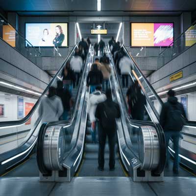 گروهی از مسافران در حال بالا رفتن از یک پله برقی مدرن در ایستگاه مترو