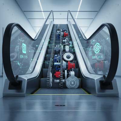 تصویر مفهومی از یک پله برقی مدرن که اجزای داخلی و مکانیسم‌های ایمنی آن (مانند سنسورها، ترمزها و چرخ‌دنده‌ها) به همراه نمادهای استانداردهای ایمنی EN 115 و ISIRI 13836 به صورت گرافیکی نمایش داده شده‌اند.