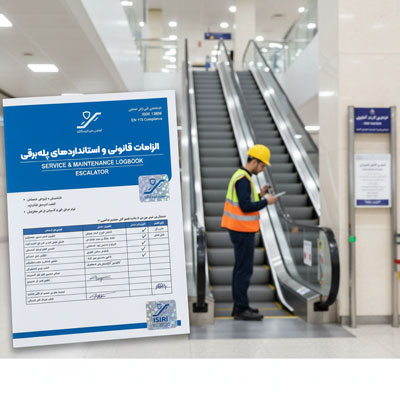 تصویری از پله‌برقی با گزارش بازرسی یا گواهی که نشان‌دهنده انطباق با استانداردهای ایمنی ملی و بین‌المللی است.