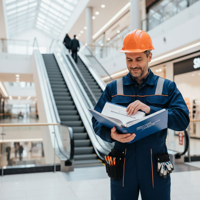 تصویری از یک تکنسین که دفترچه سرویس پله‌برقی را بسته و در محیطی تمیز و نگهداری‌شده قرار دارد.