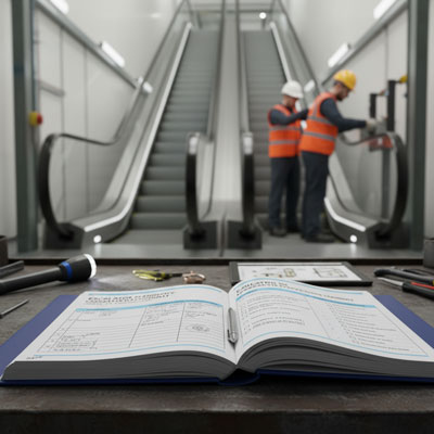 تصویری از دفترچه سرویس پله‌برقی باز که سوابق نگهداری و چک‌لیست‌ها در آن مشخص است.