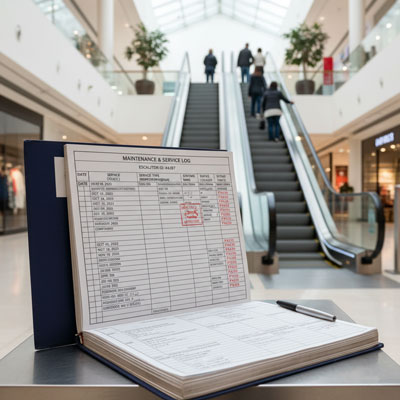 تصویری از پله‌برقی با دفترچه سرویس باز که سوابق نگهداری و تعمیرات روی آن مشخص است.