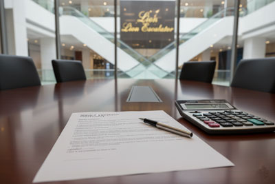 تصویر مستند قرارداد سرویس و نگهداری پله برقی در یک محیط اداری حرفه‌ای، با قلم و ماشین‌حساب کنار آن، و پس‌زمینه‌ای مبهم از یک ساختمان مدرن با پله‌برقی.