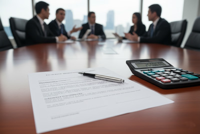 تصویر قرارداد سرویس پله برقی در یک محیط اداری حرفه‌ای، با قلم و ماشین‌حساب روی یک میز چوبی و پس‌زمینه‌ای مبهم از فضای جلسه اداری.