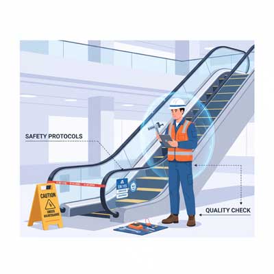 بازرسی و سرویس پله‌برقی بر اساس استانداردهای ایمنی EN 115 و ASME A17.1 توسط تکنسین متخصص