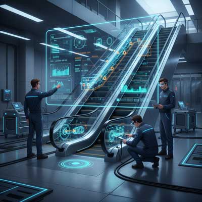 تصویر فنی از تیم مهندسان در حال استفاده از ابزارهای پیشرفته و سنسورهای اینترنت اشیاء برای نظارت و نگهداری پله برقی، با نمایش داده‌های لحظه‌ای و تحلیل وضعیت اجزای سیستم