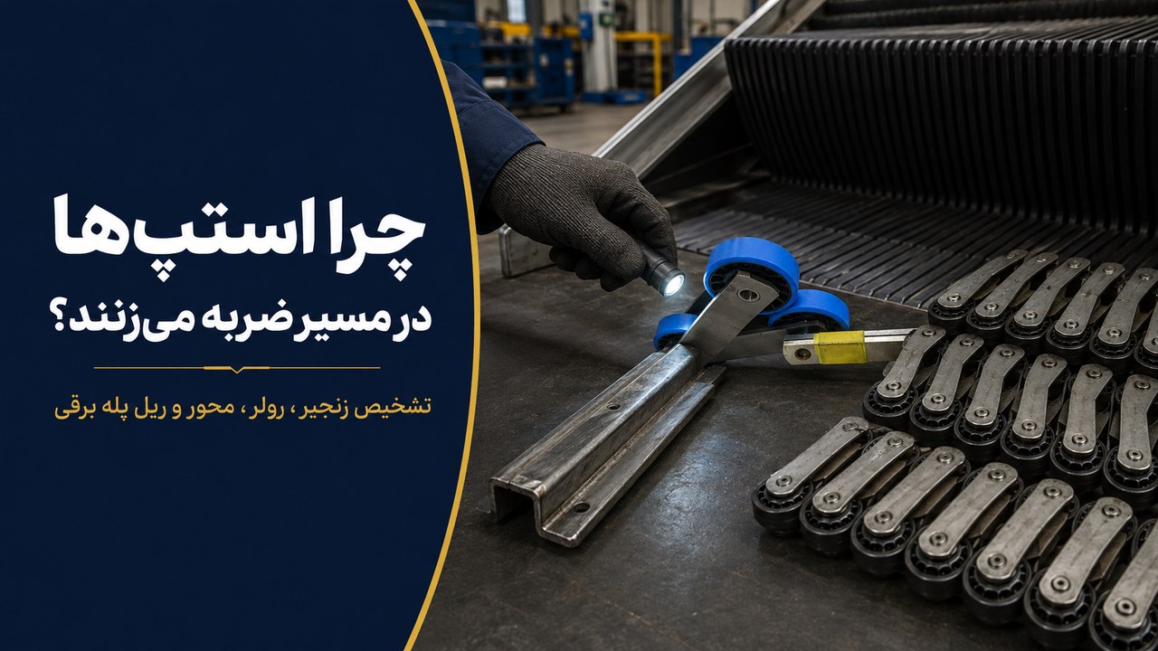 تشخیص علت ضربه دورهای استپ پله برقی با بررسی رولر، محور، زنجیر، ریل و اسپراکت