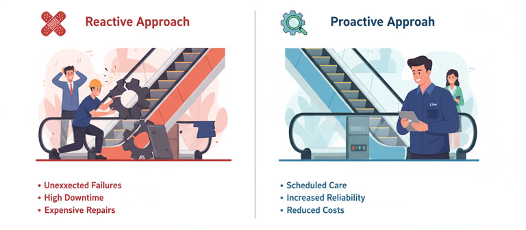 اینفوگرافیک تفاوت تعمیر واکنشی و نگهداری پیشگیرانه پله برقی