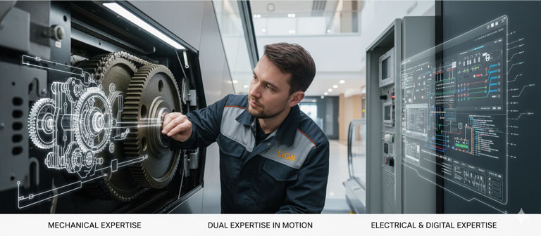 تسلط همزمان تعمیرکار پله برقی بر مکانیک و برق