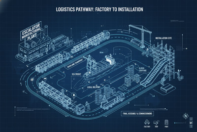 نمای گرافیکی از فرآیند حمل و نقل پله برقی از کارخانه تا محل نصب شامل مراحل بارگیری، حمل و تخلیه