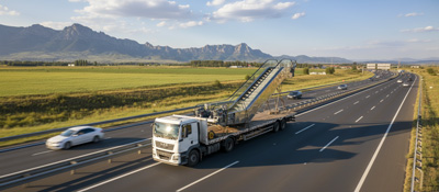 کامیون مخصوص حمل و نقل پله برقی در مسیر بزرگراه بین کارخانه و محل پروژه