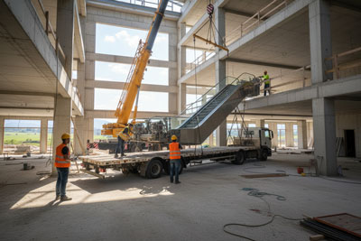 تیم نصب در حال تخلیه و انتقال پله‌برقی در محل پروژه با رعایت نکات ایمنی