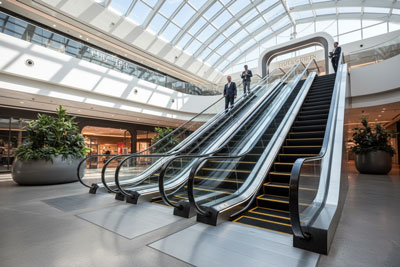 پله‌ برقی داخلی برند Line Escalator در فضای مرکز خرید با طراحی مدرن و نورپردازی ملایم