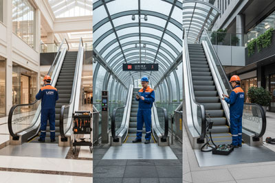 تکنسین‌های برند Line Escalator در حال سرویس پله‌ برقی داخلی، بیرونی و نیمه‌ سرپوشیده در محیط‌های مختلف با تجهیزات ایمنی و ابزار تخصصی