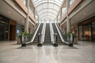 پله‌ برقی نیمه‌ سرپوشیده برند Line Escalator در مجتمع تجاری با سقف پلی‌کربنات شفاف و طراحی مدرن