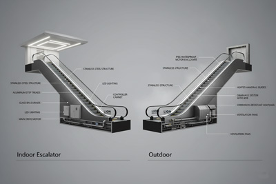تصویر مقطعی فنی از مقایسه پله‌ برقی داخلی و بیرونی برند Line Escalator با نمایش اجزای موتور، تهویه و پوشش ضدآب