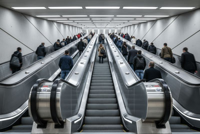 تصویری از چند پله‌برقی سنگین‌کار و عریض در یک ایستگاه متروی مدرن که مسافران را با سرعت به سمت بالا جابه‌جا می‌کنند و نمایانگر استحکام و کارایی است.