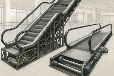 جزئیات تصویر از پله‌برقی و راهروی متحرک نشان‌دهنده اجزای داخلی و ساختار آن‌ها در یک فضای عمومی مدرن.