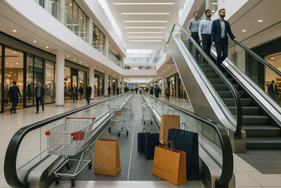 فضای داخلی یک مرکز خرید مدرن با رمپ برقی که کیف‌ها و سبدهای خرید را جابه‌جا می‌کند و در گوشه تصویر پله‌برقی با سه مرد که به سمت بالا حرکت می‌کنند.