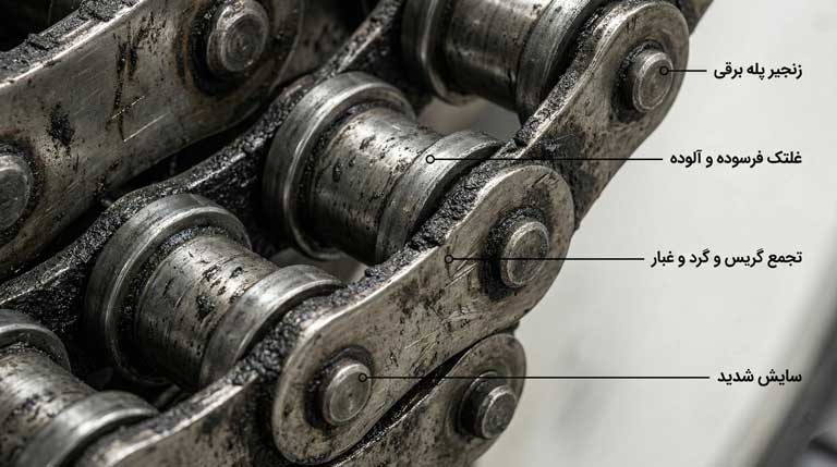 زنجیر پله برقی فرسوده با روغن سیاه و آلوده که باعث استهلاک شدید قطعات می‌شود.