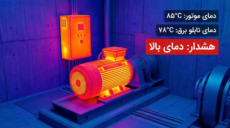 تصویر حرارتی نشان‌دهنده داغ شدن بیش از حد موتور و تابلو فرمان پله برقی به دلیل تهویه نامناسب.
