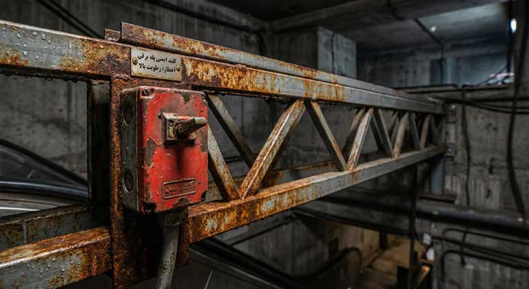 زنگ‌زدگی و خوردگی قطعات ایمنی و شاسی پله برقی به دلیل رطوبت و تهویه نامناسب.