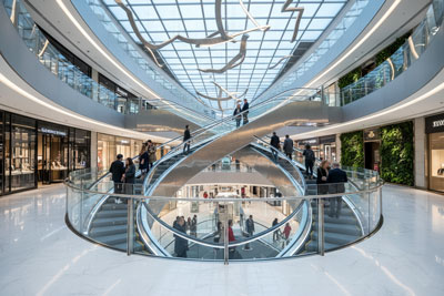 تصویری از پله برقی مارپیچ در یک فضای لوکس مانند مرکز خرید یا لابی هتل، که طراحی منحنی آن به زیبایی و عملکرد در جابه‌جایی افراد تاکید دارد.