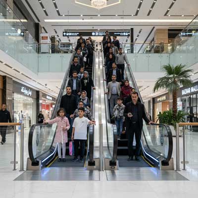 پله‌برقی مدرن در یک مرکز خرید شلوغ یا ایستگاه مترو در ایران، نمایش نقش آن در زیرساخت‌های شهری. تصویر پله‌برقی در حال استفاده توسط افراد با پس‌زمینه‌ای از محیط مدرن و با تکنولوژی بالا.