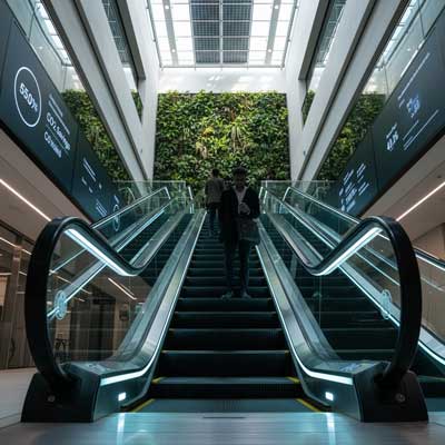 پله‌برقی مدرن در یک محیط شهری پیشرفته، با تکنولوژی‌های نوین مانند موتورهای کم‌مصرف، روشنایی LED و حسگرهای هوشمند. تصویر نشان‌دهنده طراحی آینده‌نگر پله‌برقی‌ها و کاربرد آن‌ها در شهرهای هوشمند با تمرکز بر پایداری و فناوری سبز است.